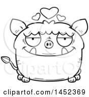Clipart Graphic Of A Cartoon Black And White Lineart Loving Boar Character Mascot Royalty Free Vector Illustration