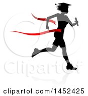Poster, Art Print Of Black Silhouetted Female Graduate Running A Race With A Shadow Breaking Through A Red Finish Line Ribbon