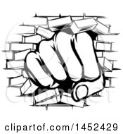 Clipart Of A Black And White Fist Punching Through A Brick Wall Royalty Free Vector Illustration