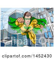 Clipart Of A Pop Art Comic Male Super Hero Flying Forward Over A City Royalty Free Vector Illustration
