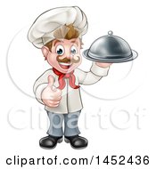 Poster, Art Print Of Cartoon Full Length Happy Young White Male Chef Holding A Cloche Platter And Giving A Thumb Up