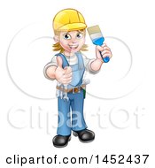Clipart Of A Cartoon Full Length Happy White Female Painter Holding Up A Brush And Thumb Royalty Free Vector Illustration