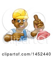 Poster, Art Print Of Cartoon Happy Black Male Plumber Holding A Plunger And Pointing