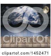 Clipart Of A 3d Wooden Surface With A View Of Still Water And Fictional Planets Royalty Free Illustration