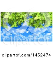 Clipart Of A Background Of 3d Green Leaves Against A Blue Sky With Puffy White Clouds Royalty Free Illustration