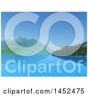 Clipart Of A 3d Peaceful Summer Or Spring Bay With Still Water Forest And Mountains Royalty Free Illustration