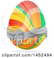 Poster, Art Print Of Colorful Striped Easter Egg With A Gray Ribbon Shadow And Text