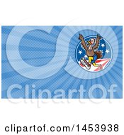 Clipart Of A Turkey Trot Runner With His Arms Up Over American Stars And Stripes And Blue Rays Background Or Business Card Design Royalty Free Illustration