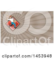 Poster, Art Print Of Cartoon Delivery Man Gesturing Ok And Carrying A Package In A Red Urban Diamond And Brown Rays Background Or Business Card Design