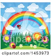 Poster, Art Print Of Colorful Rainbow Arch With A Sunny Sky Flowers And Ladybugs