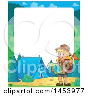 Clipart Of A Border Of A Hiking Scout Girl Reading A Map By A Campfire Royalty Free Vector Illustration