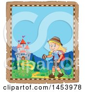 Poster, Art Print Of Parchment Border Of A Happy Girl Hiking Near A Castle With Poles