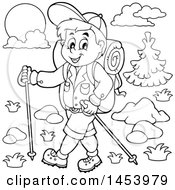 Poster, Art Print Of Black And White Lineart Happy Boy Hiking With Poles