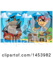 Poster, Art Print Of Monkey Pirate Holding A Sword By A Treasure Chest On A Beach