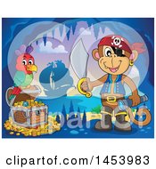 Poster, Art Print Of Monkey Pirate Holding A Sword And Telescope By A Parrot On A Treasure Chest In A Cave