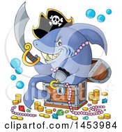 Poster, Art Print Of Pirate Shark Holding A Sword And Sitting In A Treasure Chest