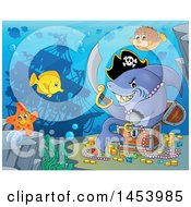 Poster, Art Print Of Pirate Shark Holding A Sword And Sitting In A Treasure Chest Underwater