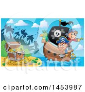 Poster, Art Print Of Pirate And Captain With A Parrot On A Ship Approaching Treasure On An Island