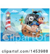 Poster, Art Print Of Pirate And Captain With A Parrot On A Ship Near A Lighthouse