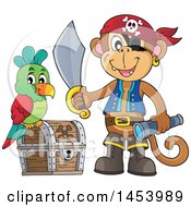 Poster, Art Print Of Monkey Pirate Holding A Sword And Telescope By A Parrot On A Treasure Chest