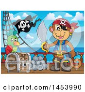Poster, Art Print Of Monkey Pirate Holding A Sword And Telescope By A Parrot On A Treasure Chest On Deck