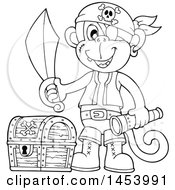 Poster, Art Print Of Black And White Lineart Monkey Pirate Holding A Sword And Telescope By A Treasure Chest
