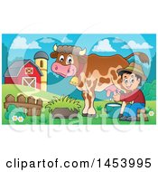 Happy Farmer Boy Milking A Cow In A Barnyard