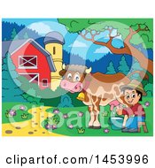 Poster, Art Print Of Happy Farmer Boy Milking A Cow In A Barnyard