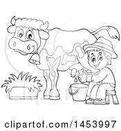 Black And White Lineart Happy Farmer Boy Milking A Cow