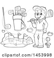 Clipart Of A Black And White Lineart Happy Man And Golf Elements Royalty Free Vector Illustration