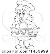Poster, Art Print Of Black And White Lineart Happy Woman Baking Chocolate Chip Cookies