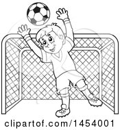 Poster, Art Print Of Black And White Lineart Soccer Goalie Boy Blocking A Ball In Front Of A Goal