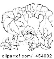Clipart Of A Black And White Lineart Happy Monkey Hanging From A Palm Tree And Holding A Banana Royalty Free Vector Illustration by visekart