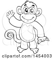 Poster, Art Print Of Black And White Lineart Happy Monkey Waving And Holding A Banana
