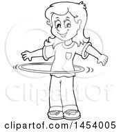 Clipart Of A Black And White Lineart Girl Playing With A Hula Hoop Royalty Free Vector Illustration