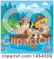 Poster, Art Print Of Happy Scout Boy Rowing A Boat With A Girl And Dog On Boad