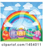 Poster, Art Print Of Sunny Sky With Clouds And A Rainbow Over Decorated Easter Eggs