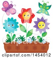 Poster, Art Print Of Planter Box With Happy Flowers And Butterflies