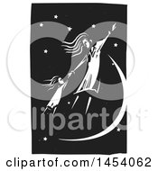 Poster, Art Print Of Black And White Woodcut Woman And Girl Holding Hands And Flying In A Night Sky