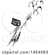 Poster, Art Print Of Black And White Woodcut Girl Flying Away With Balloons