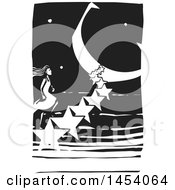 Poster, Art Print Of Black And White Woodcut Woman Climbing A Staircase Of Stars Leading To A Crescent Moon Moon