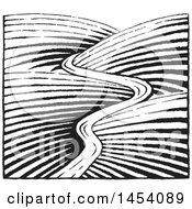 Clipart Of A Black And White Sketched River Through Hills Royalty Free Vector Illustration