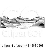 Clipart Of A Black And White Sketched Landscape Of Mountains And A Lake Royalty Free Vector Illustration