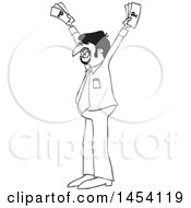 Clipart Of A Cartoon Black And White Lineart Hispanic Business Man Holding Up Cash Money Royalty Free Vector Illustration