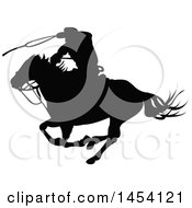 Clipart Graphic Of A Black Silhouetted Horseback Rancher Cowboy Swinging A Lasso Royalty Free Vector Illustration