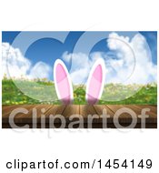 Poster, Art Print Of 3d Wooden Deck And Spring Landscape With Cartoon Bunny Ears