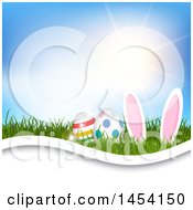 Poster, Art Print Of Sunny Sky Over Grass With Easter Bunny Ears And Eggs