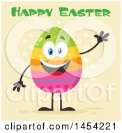 Poster, Art Print Of Cartoon Colorful Easter Egg Mascot Character Waving Under Text