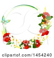 Poster, Art Print Of Circular Frame Of Beautiful Red Poppies And Other Spring Flowers With Butterflies