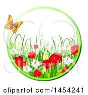 Poster, Art Print Of Circular Frame Of Beautiful Red Poppies And Other Spring Flowers With A Butterfly